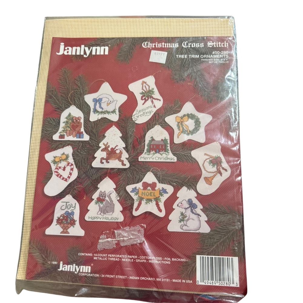 Vintage Janlynn Christmas Cross Stitch Tree Trim Ornaments Kit 50-280 Set of 12